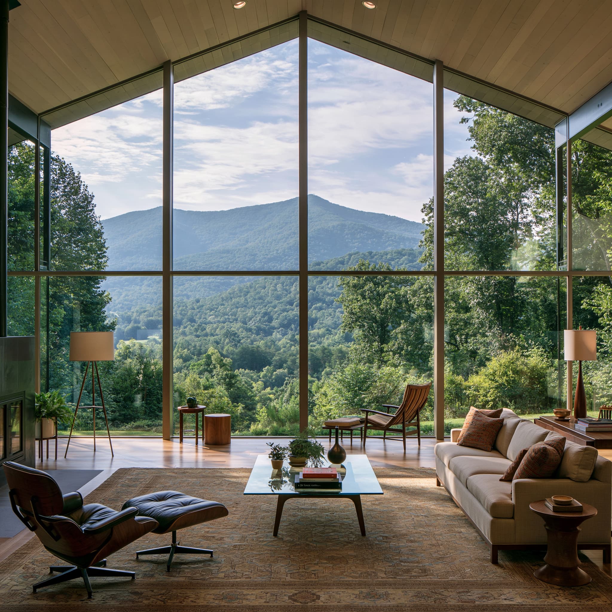 A living room under a high timber ceiling, full-height glass looking out to a wooded mountain