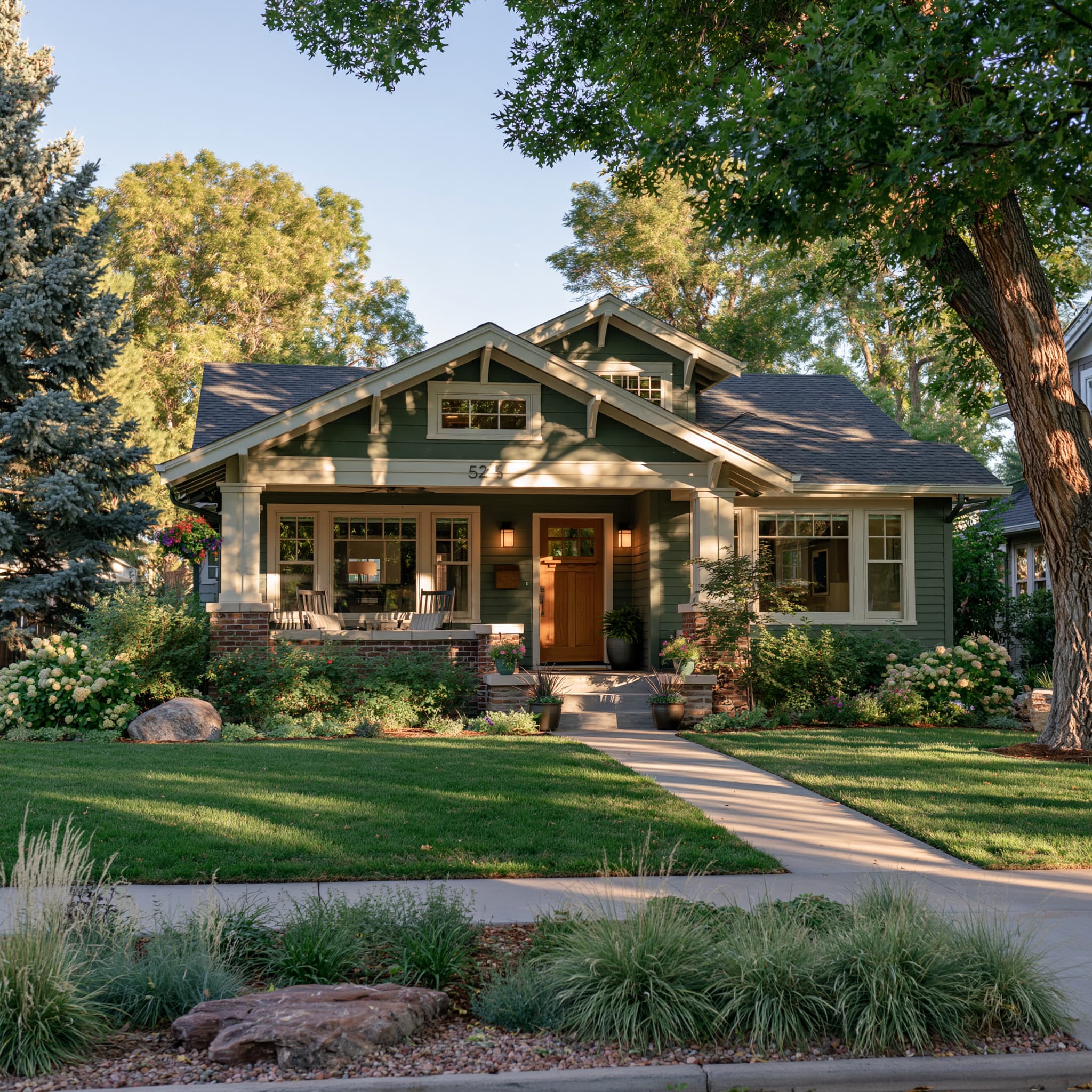 A green Craftsman bungalow behind a lawn and mature trees in afternoon light