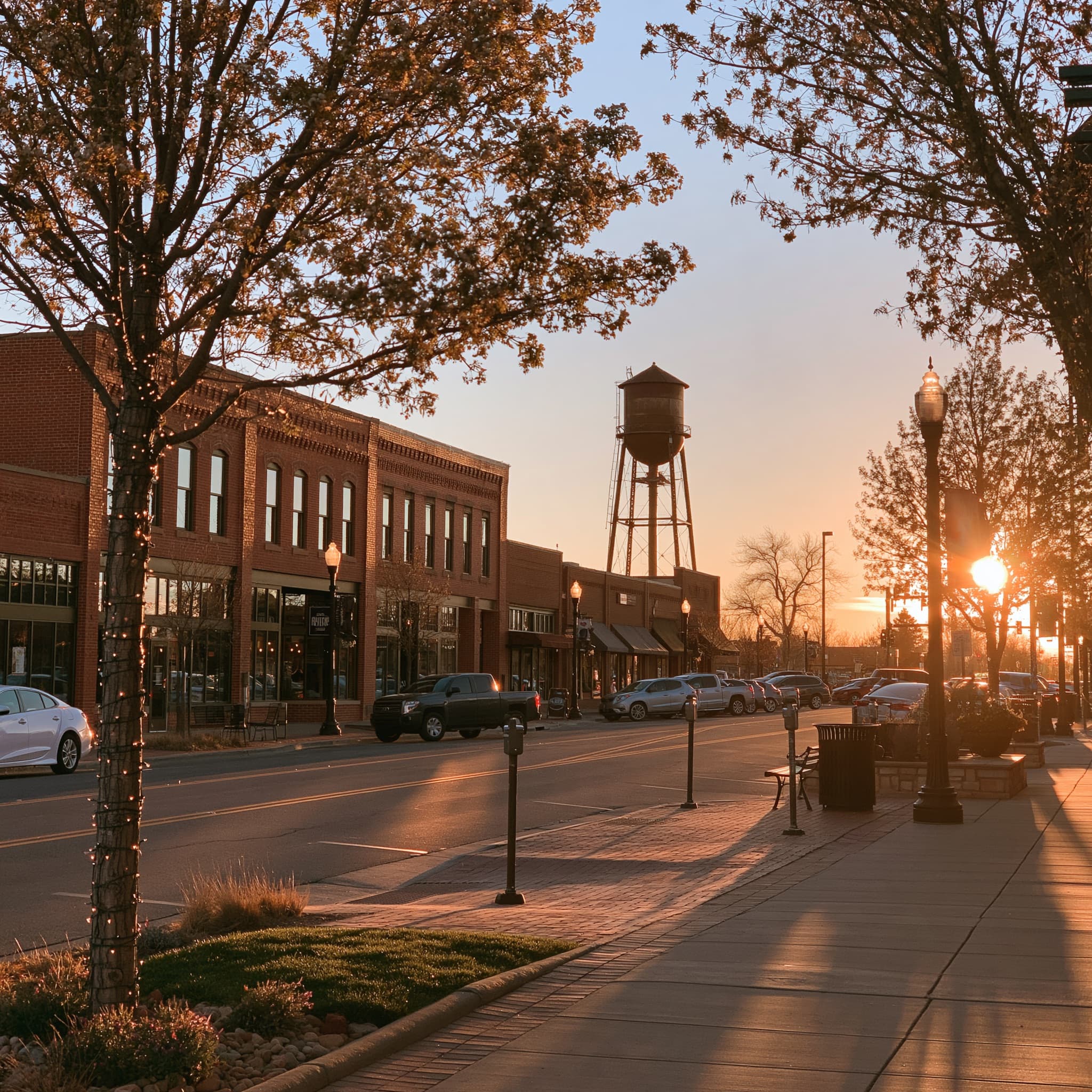 A brick main street at sunset with a tall steel water tower behind the rooflines