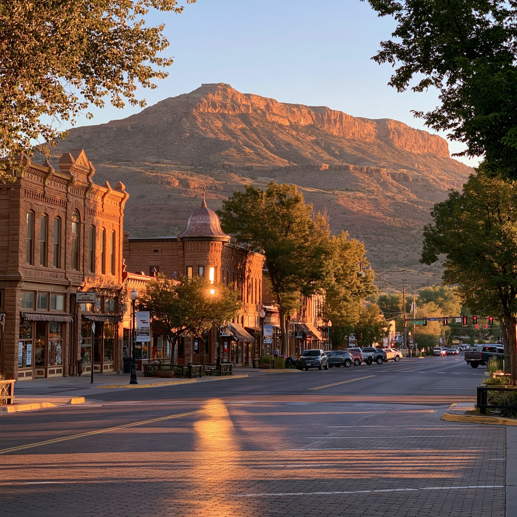 A brick main street at sunrise with a flat-topped mesa rising directly behind the town