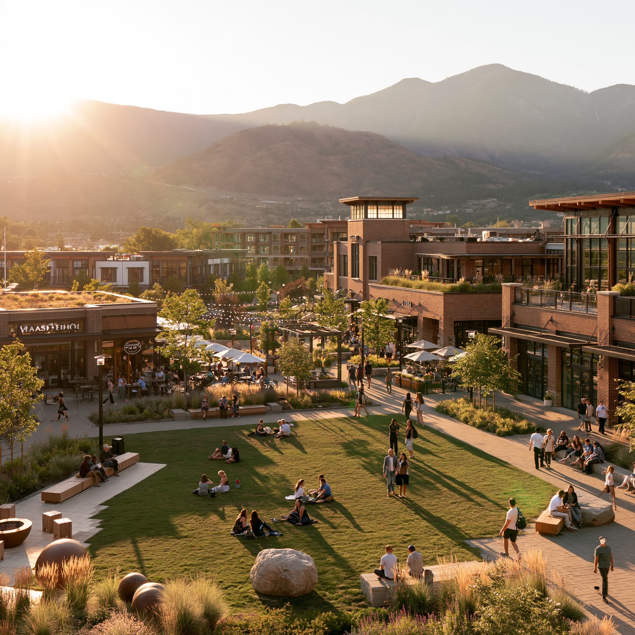 A modern town centre at sunset, low buildings around an open lawn with foothills behind