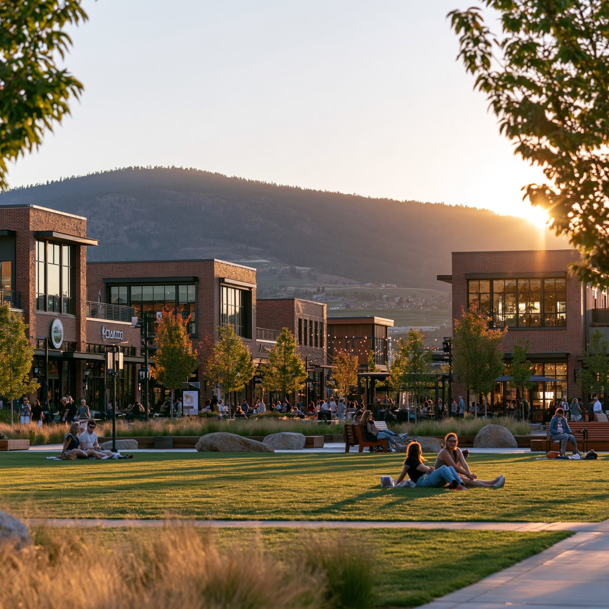 A town green at sunset with people sitting on the grass and a long ridge behind