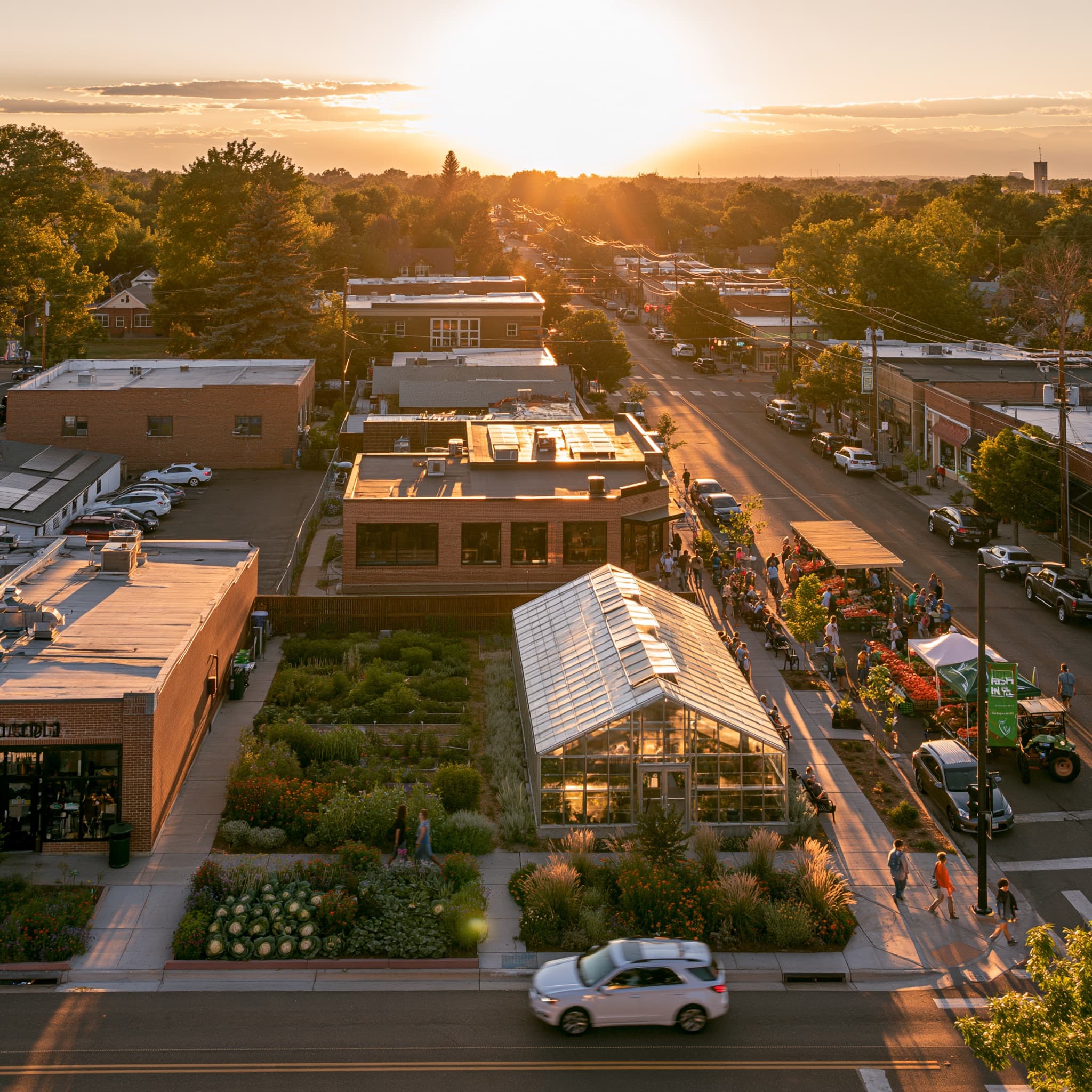An evening view along a low main street, a market greenhouse and stalls beside the road